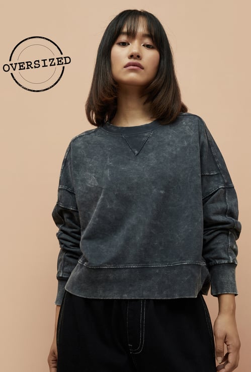 GINGER Women Wash Effect Oversized Sweatshirt