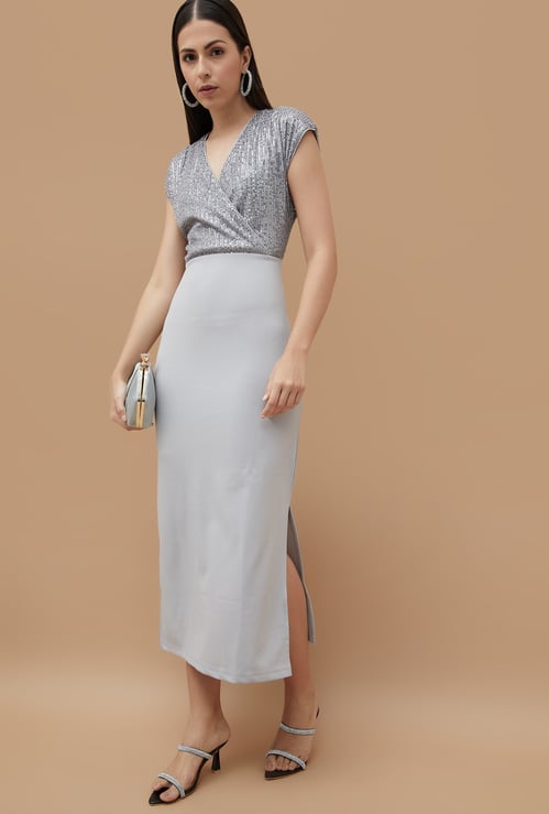 CODE Sequinned Wrap Midi Dress