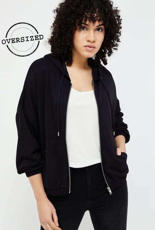GINGER Women Solid Hooded Oversized Sweatshirt