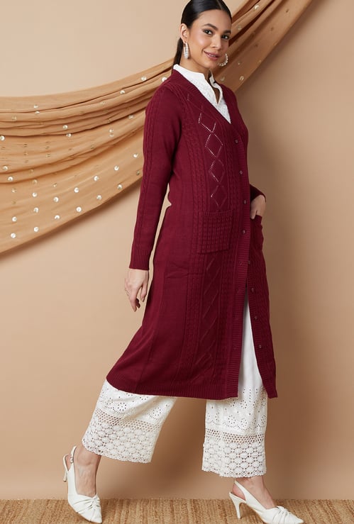 MELANGE Braided Knit Longline Cardigan