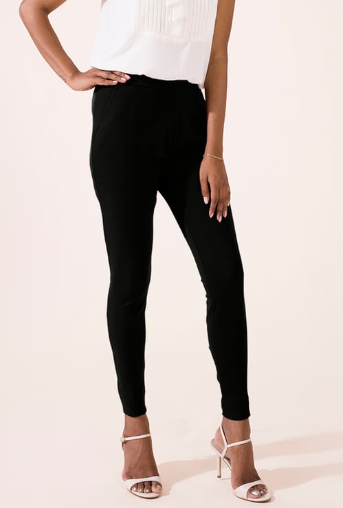 GO COLORS Solid Panelled Knit Treggings