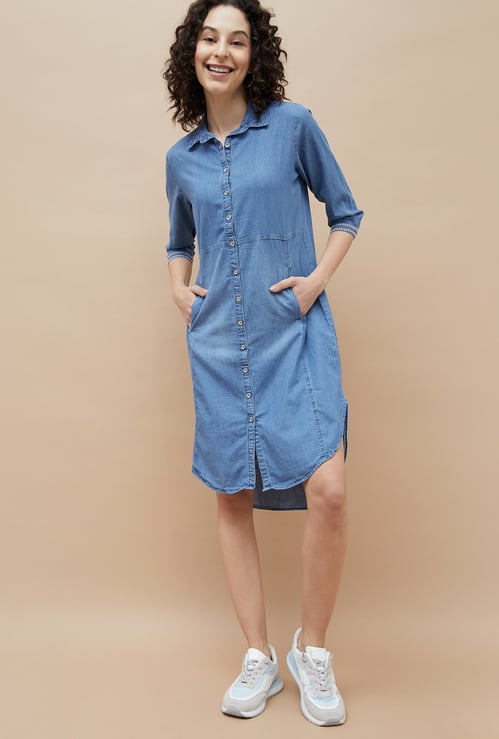 COLOUR ME Solid Denim Shirt Dress