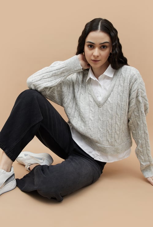 GINGER Cable Knit V-Neck Sweater
