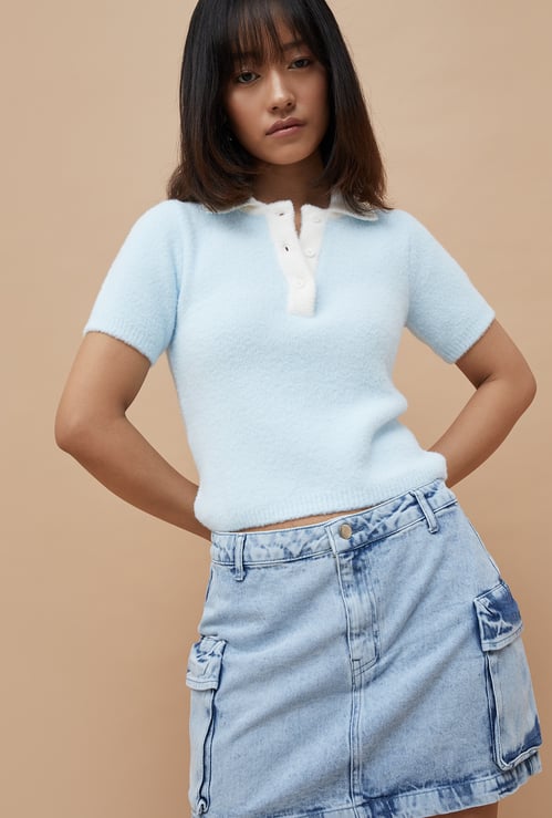 GINGER Contrast Collar Crop Polo Sweater