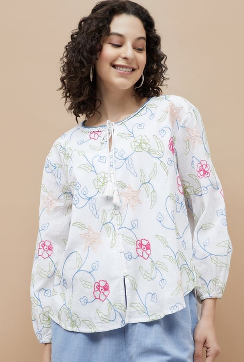 COLOUR ME Embroidered Tie-Up Neck Top