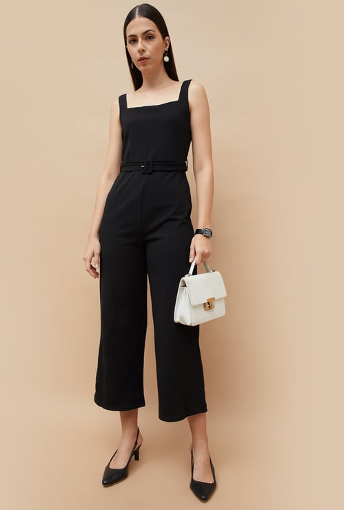 CODE Solid Belted Cropped Jumpsuit