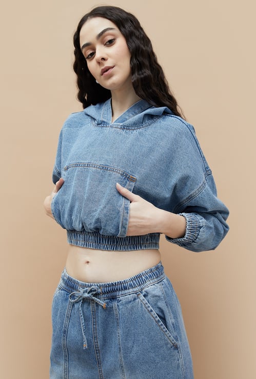 GINGER Washed Denim Cropped Hoodie