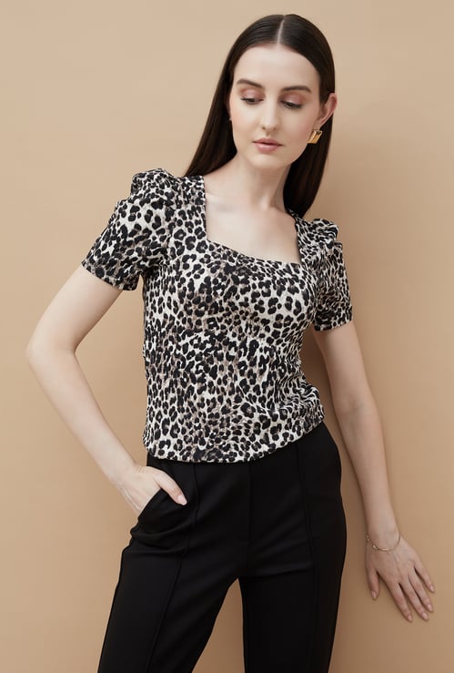 CODE Animal Print Square Neck Top