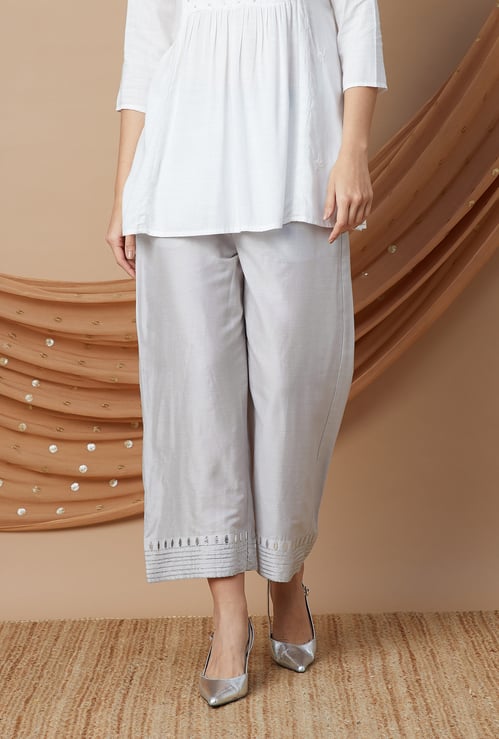 MELANGE Solid Palazzos with Striped Hem