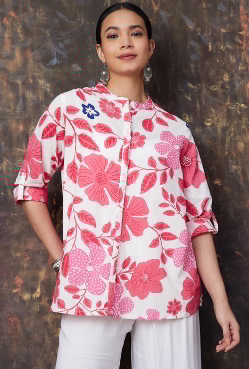 MELANGE Floral Printed Band Collar Tunic