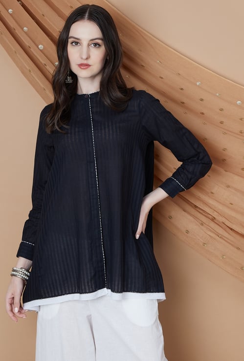 MELANGE Striped Band Collar Tunic