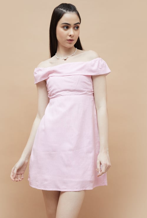 GINGER Striped Off-Shoulder Fit and Flare Dress