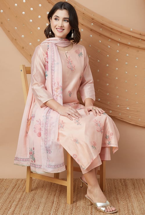 MELANGE Floral Embroidered Straight Kurta Set