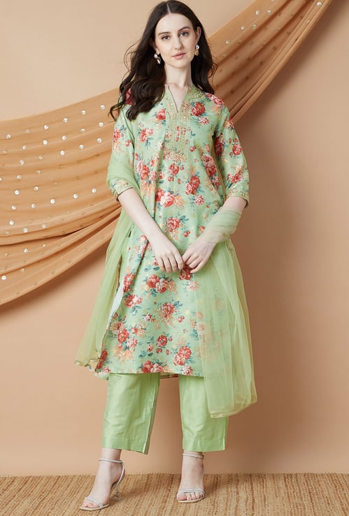 MELANGE Floral Print Straight Kurta Set