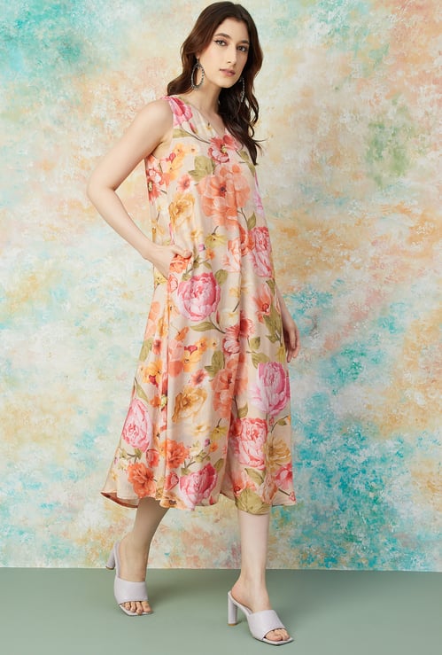 MELANGE Floral Print A-Line Dress