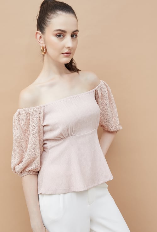 CODE Smocked Off-Shoulder Peplum Top