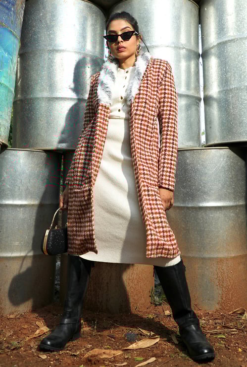 CAMPUS SUTRA Long Coat With Faux Fur Neck