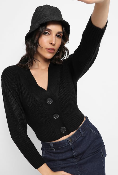 CAMPUS SUTRA Ribbed Cropped Cardigan