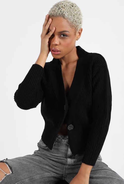 CAMPUS SUTRA Ribbed Cropped Cardigan