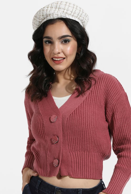 CAMPUS SUTRA Ribbed Cropped Cardigan