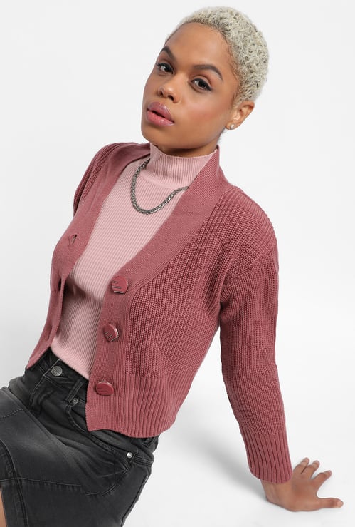 CAMPUS SUTRA Ribbed Cropped Cardigan