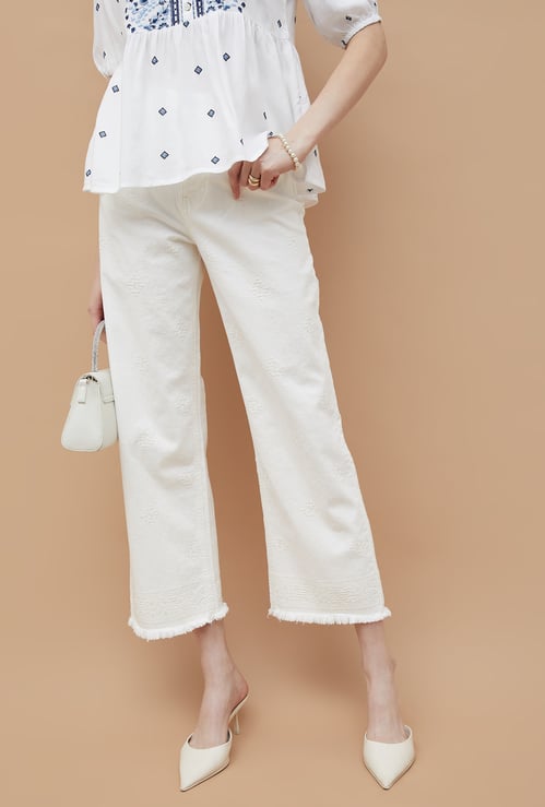 FAME FOREVER Embroidered Wide Leg Cropped Jeans