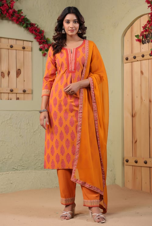 SPAN Ethnic Motif Print Straight Kurta Set