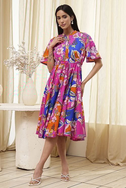 BIBA Floral Print Gathered A-line Dress