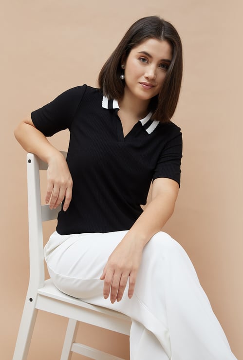 CODE CLASSIC Ribbed Johnny Collar T-shirt