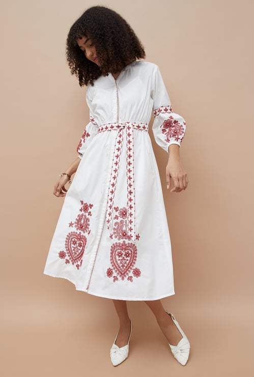 COLOUR ME Embriodered Belted A-Line Dress with Inner