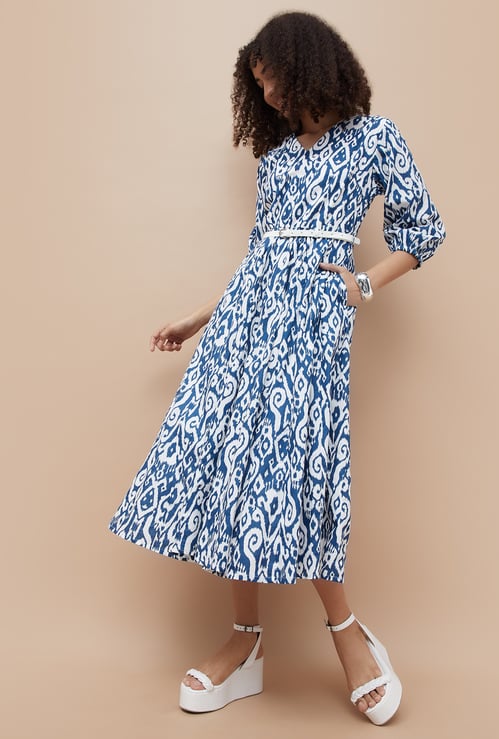 COLOUR ME Ikat Print Midi Dress with Belt