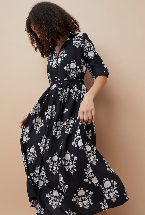 COLOUR ME Floral Print Belted Shirt Dress