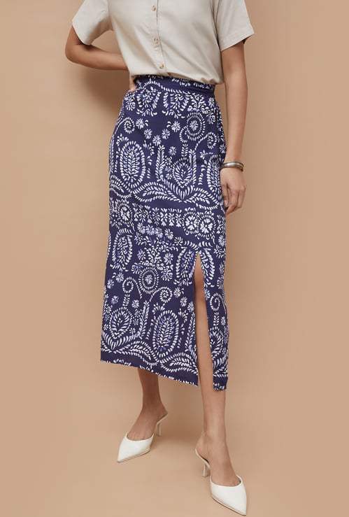 FAME FOREVER Floral Print Midi Slit Skirt