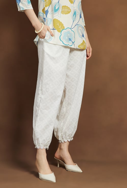 MELANGE Ethnic Motif Straight Pants with Lace Hem