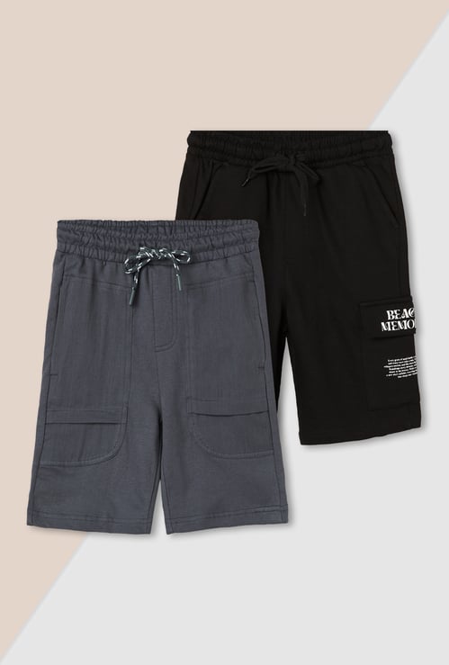 Boys Solid Cargo Shorts - Pack of 2