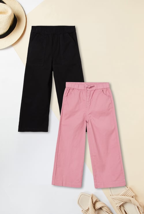 Girls Solid Wide Leg Trousers - Pack of 2