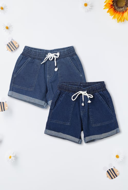 Girls Solid Denim Shorts - Pack of 2