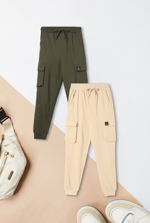Boys Solid Cargo Joggers - Pack of 2