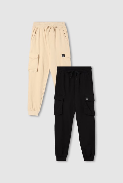 Boys Solid Cargo Joggers - Pack of 2