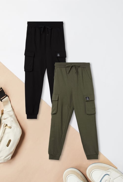 Boys Solid Cargo Joggers - Pack of 2