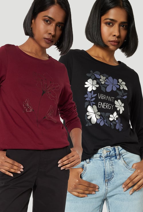 Women Assorted Full Sleeved T-shirt - Pack of 2