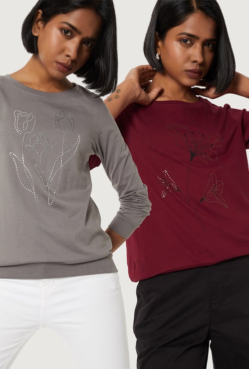 Women Embellished Full Sleeved T-shirt - Pack of 2