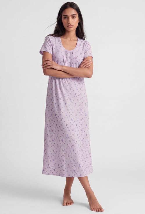 Women Floral Print Pintuck Nightgown