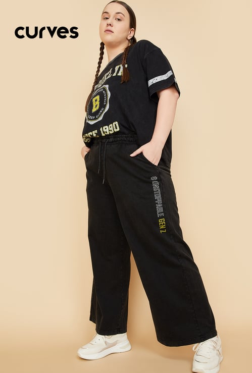 Women Solid Wide Leg Sports Track Pants