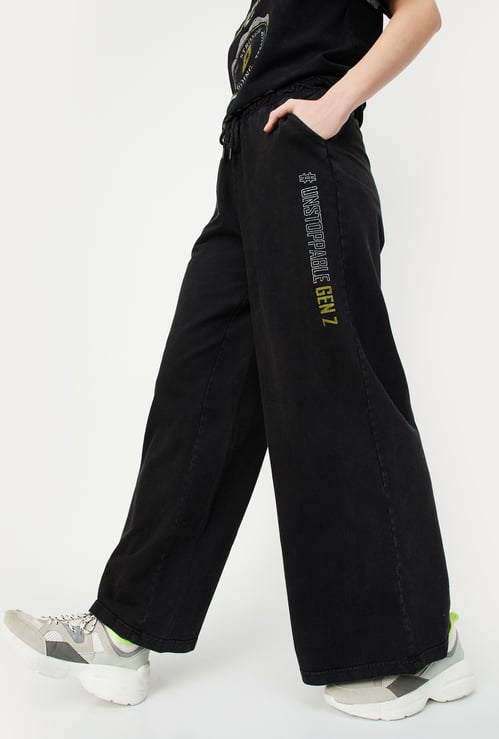 Women Solid Wide Leg Sports Track Pants