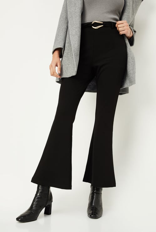 Women Solid Belted Kick Flare Trousers