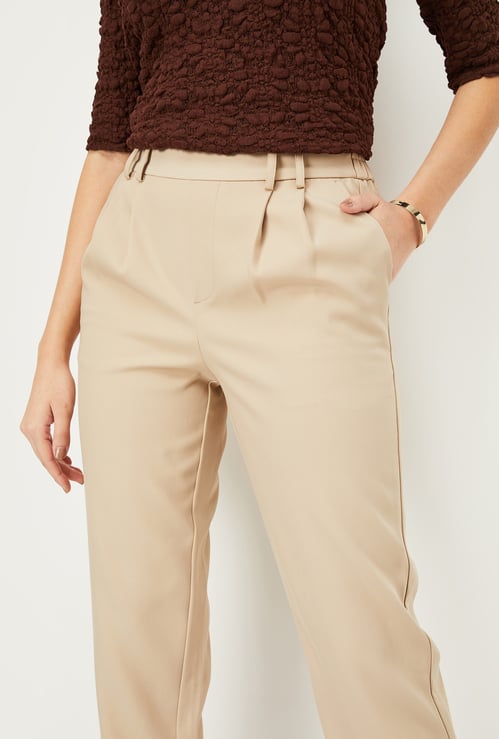 Women Solid Pleated Regular Fit Formal Trousers