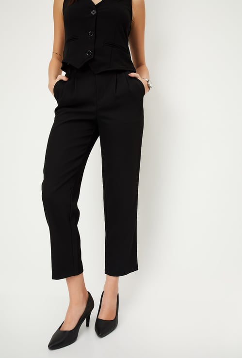 Women Solid Pleated Regular Fit Formal Trousers