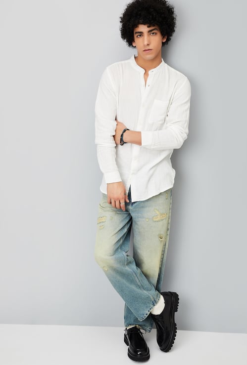 Men Crinkled Solid Kurta