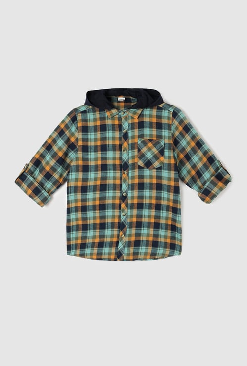 Boys Checked Hooded Shirt